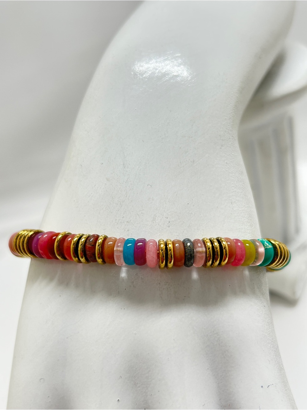 Gold And Multicolored Glass Beaded Bracelet, 7” - 9”